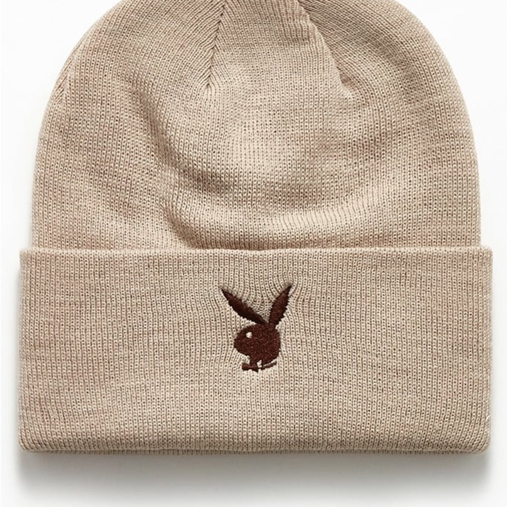 Playboy PacSun Logo Beanie Tan Ribbed Knit Unisex One Size